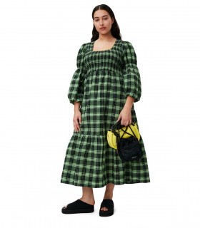 GANNI GREEN CHECKED SEERSUCKER DRESS