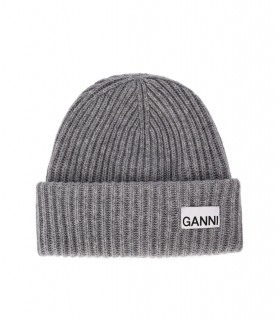 GANNI MÉLANGE GREY OVERSIZE RIBBED BEANIE