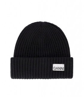 GANNI BLACK OVERSIZE RIBBED BEANIE