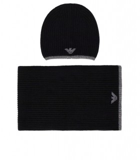 EMPORIO ARMANI SCHWARZ GRAU BEANIE+SCHAL SET MIT LOGO